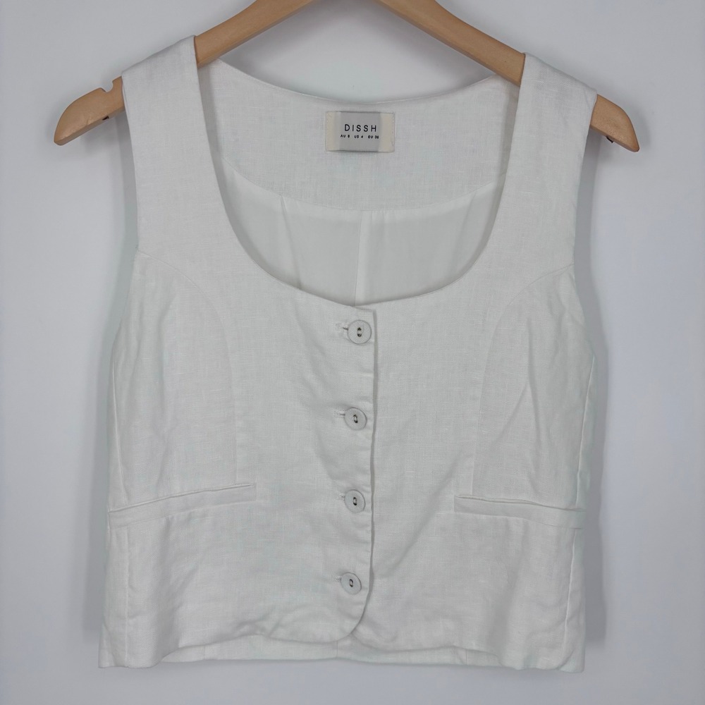 DISSH Oscar White Linen Button Front Scoop Neck Vest Womens 4 Top *FLAW